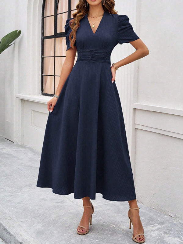 Women's elegant solid color waist dress-[Adult]-[Female]-Purplish blue navy-S-2022 Online Blue Zone Planet