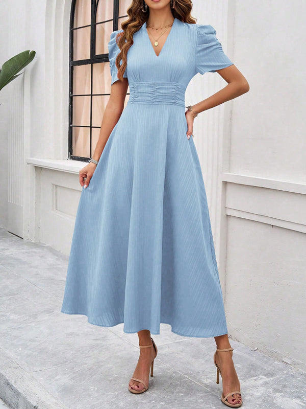 Women's elegant solid color waist dress-[Adult]-[Female]-Clear blue-S-2022 Online Blue Zone Planet