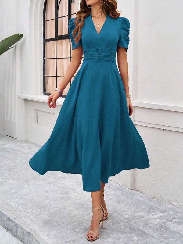 Women's elegant solid color waist dress-[Adult]-[Female]-Acid blue-S-2022 Online Blue Zone Planet