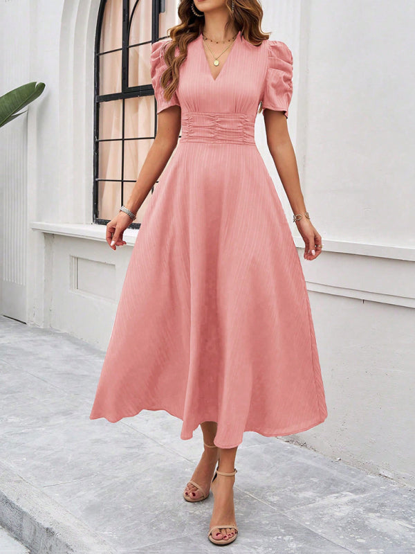 Women's elegant solid color waist dress-[Adult]-[Female]-Pink-S-2022 Online Blue Zone Planet