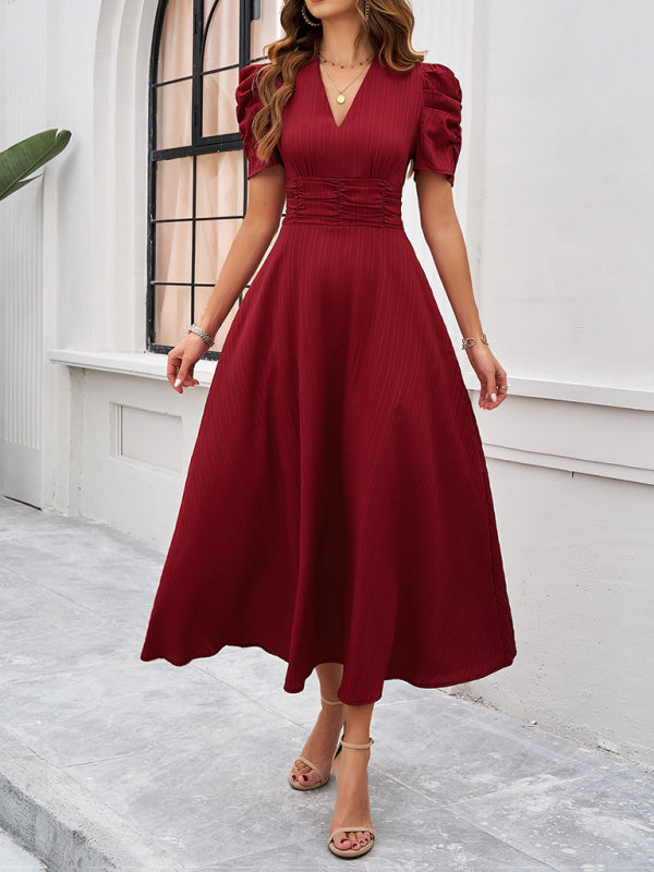 Women's elegant solid color waist dress-[Adult]-[Female]-Red-S-2022 Online Blue Zone Planet