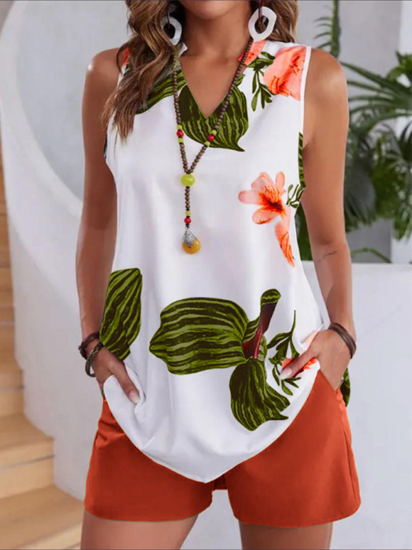 Women's Printed Casual Vacation Top and Shorts Set-[Adult]-[Female]-Orange-S-2022 Online Blue Zone Planet