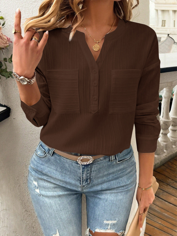 Women's shirt v-neck temperament casual solid color pullover top-[Adult]-[Female]-Coffee-S-2022 Online Blue Zone Planet