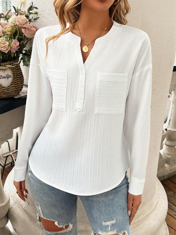 Women's shirt v-neck temperament casual solid color pullover top-[Adult]-[Female]-White-S-2022 Online Blue Zone Planet