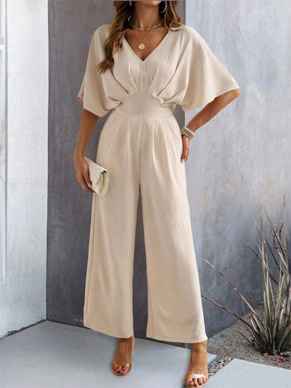 Women's short-sleeved solid color temperament casual wide-leg jumpsuit-[Adult]-[Female]-Cracker khaki-S-2022 Online Blue Zone Planet