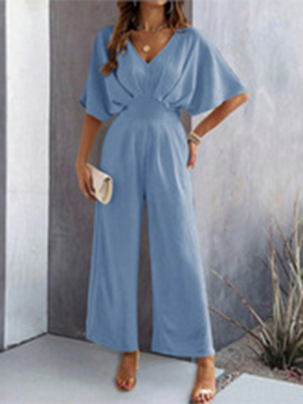 Women's short-sleeved solid color temperament casual wide-leg jumpsuit-[Adult]-[Female]-Blue-S-2022 Online Blue Zone Planet