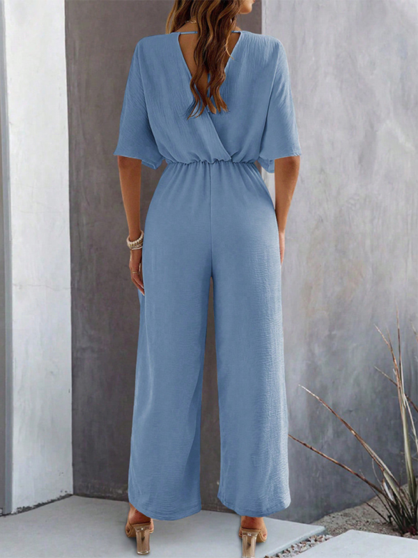 Women's short-sleeved solid color temperament casual wide-leg jumpsuit-[Adult]-[Female]-2022 Online Blue Zone Planet