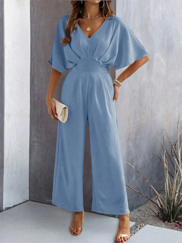 Women's short-sleeved solid color temperament casual wide-leg jumpsuit-[Adult]-[Female]-2022 Online Blue Zone Planet