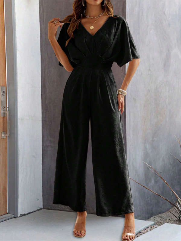 Women's short-sleeved solid color temperament casual wide-leg jumpsuit-[Adult]-[Female]-2022 Online Blue Zone Planet