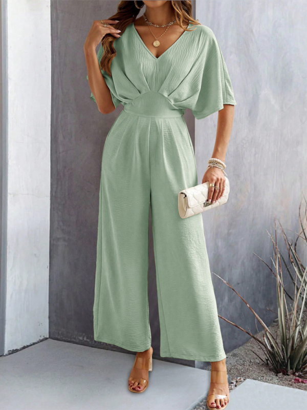 Women's short-sleeved solid color temperament casual wide-leg jumpsuit-[Adult]-[Female]-Pea green grey-S-2022 Online Blue Zone Planet