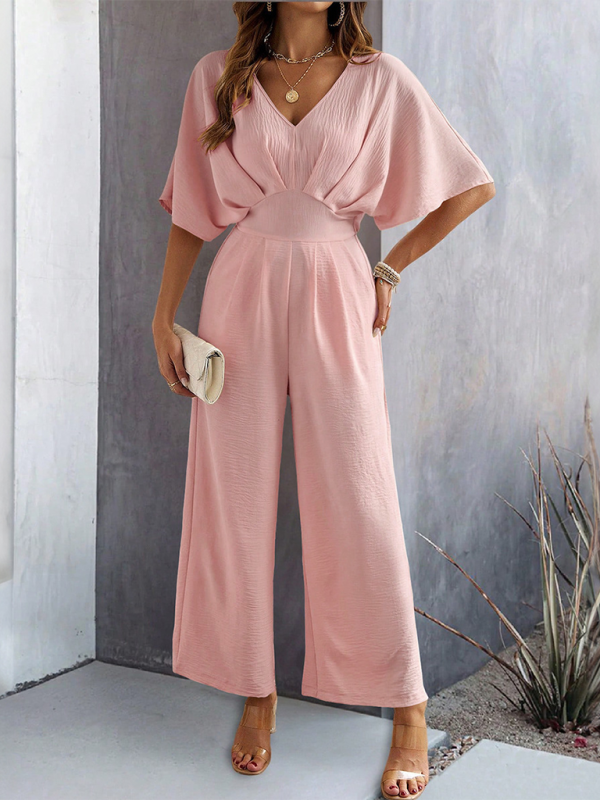 Women's short-sleeved solid color temperament casual wide-leg jumpsuit-[Adult]-[Female]-Pink-S-2022 Online Blue Zone Planet