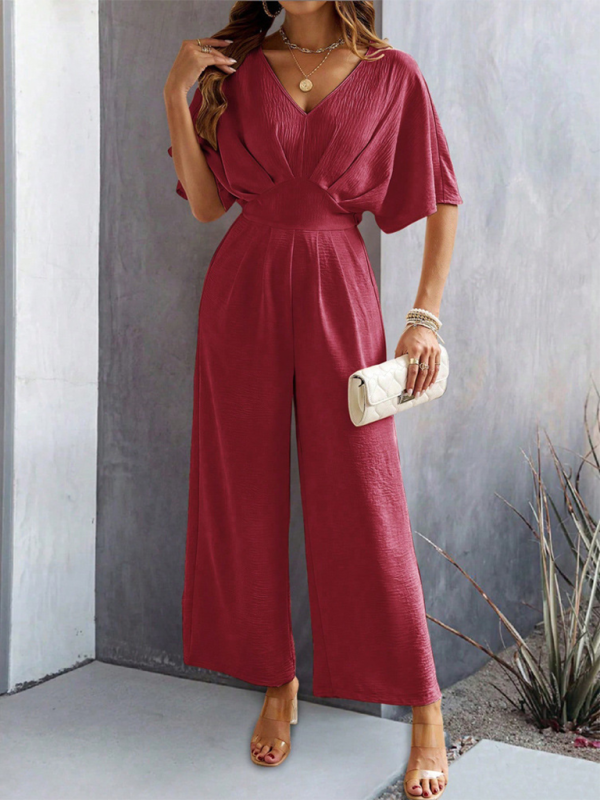 Women's short-sleeved solid color temperament casual wide-leg jumpsuit-[Adult]-[Female]-2022 Online Blue Zone Planet