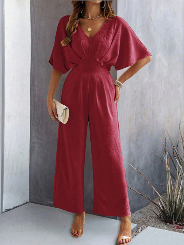 Women's short-sleeved solid color temperament casual wide-leg jumpsuit-[Adult]-[Female]-Wine Red-S-2022 Online Blue Zone Planet