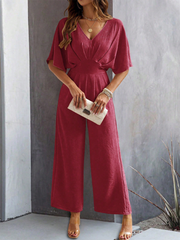 Women's short-sleeved solid color temperament casual wide-leg jumpsuit-[Adult]-[Female]-2022 Online Blue Zone Planet