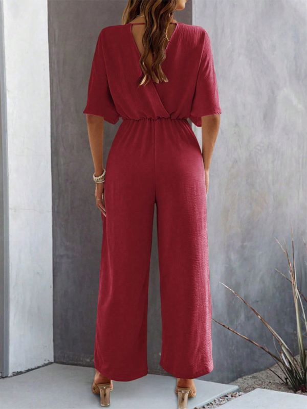 Women's short-sleeved solid color temperament casual wide-leg jumpsuit-[Adult]-[Female]-2022 Online Blue Zone Planet