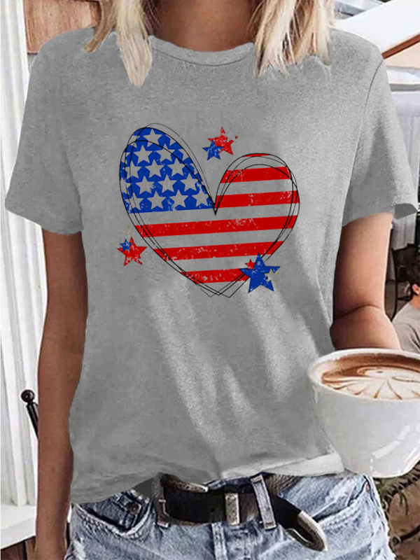 New Independence Day Love Print Women's T-shirt-[Adult]-[Female]-Grey-XS-2022 Online Blue Zone Planet