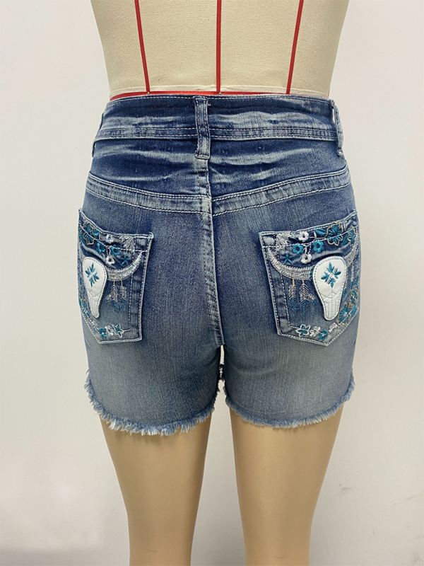 New American retro embroidered slim fit raw edge denim shorts-[Adult]-[Female]-2022 Online Blue Zone Planet