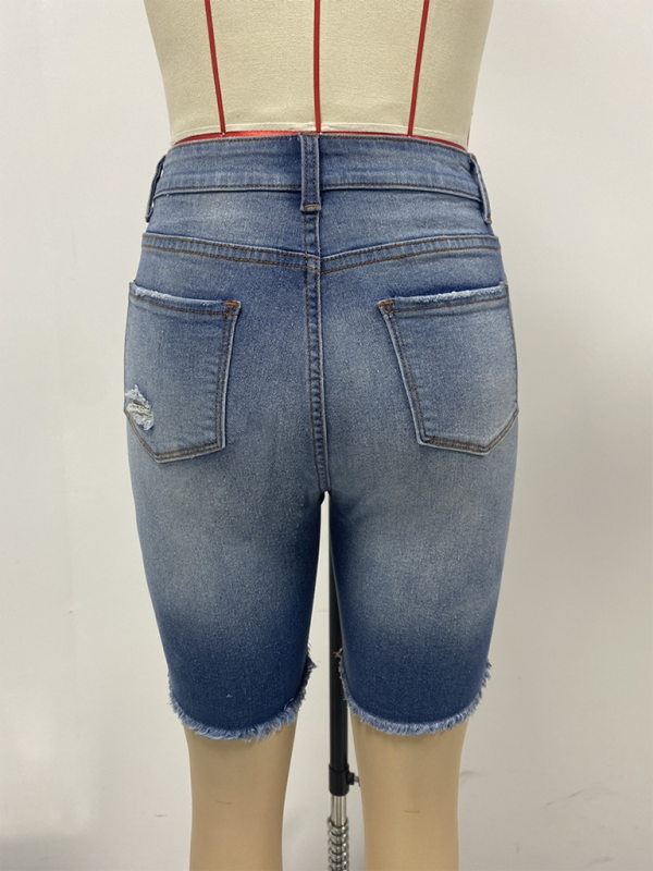 New Slim Fit Buttoned Denim Shorts Women's Street Ripped Raw Edge Tights-[Adult]-[Female]-2022 Online Blue Zone Planet