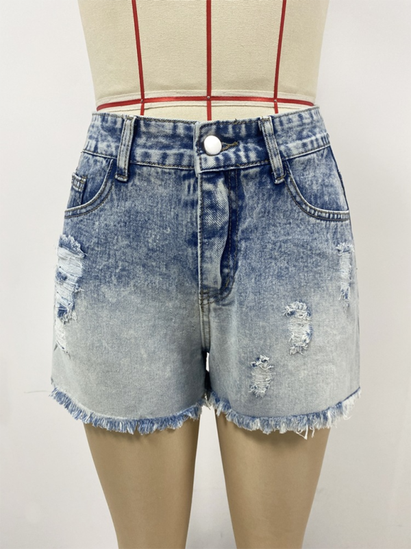 New gradient denim shorts for women high waist slimming raw edge hot pants-[Adult]-[Female]-2022 Online Blue Zone Planet