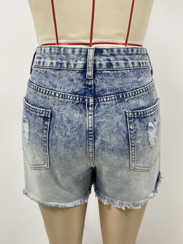 New gradient denim shorts for women high waist slimming raw edge hot pants-[Adult]-[Female]-2022 Online Blue Zone Planet