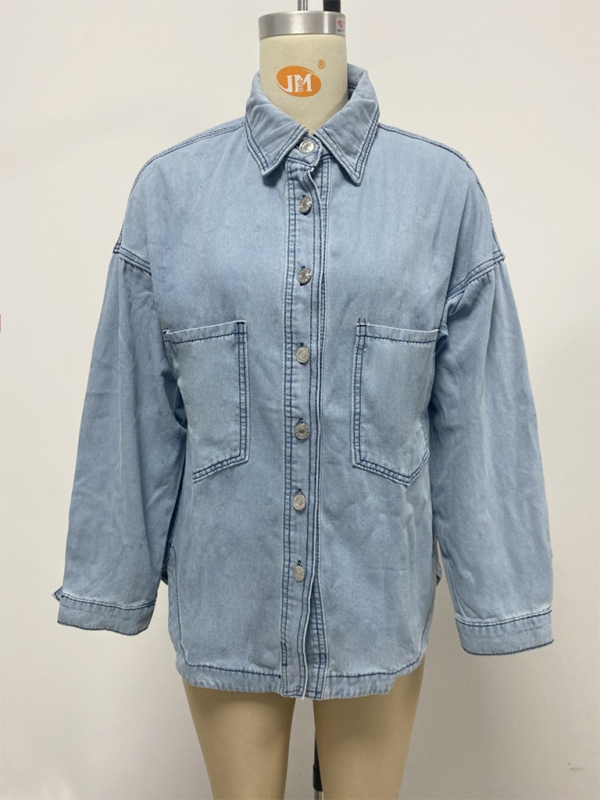 Women's long sleeve lapel casual shirt denim jacket-[Adult]-[Female]-2022 Online Blue Zone Planet