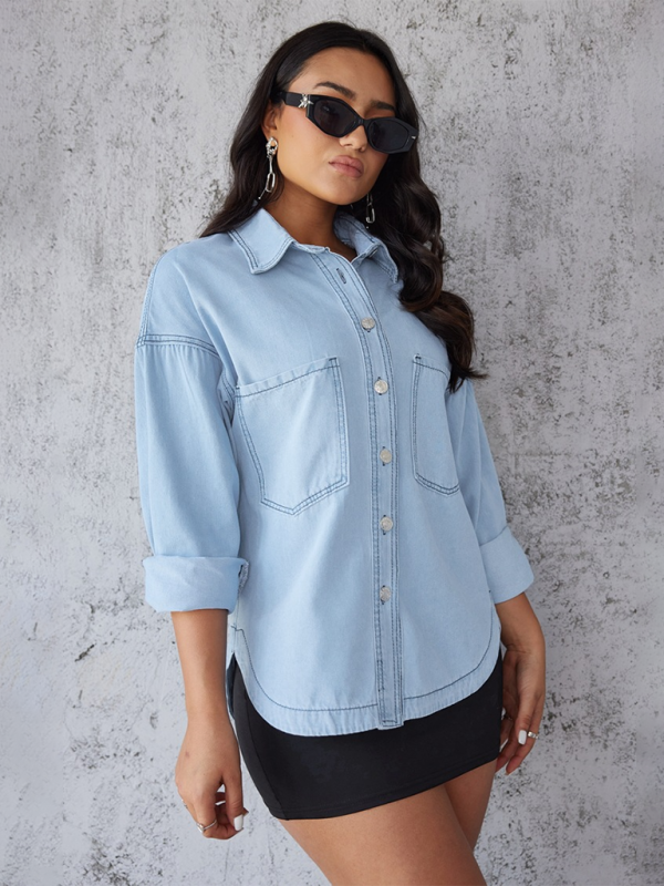 Women's long sleeve lapel casual shirt denim jacket-[Adult]-[Female]-2022 Online Blue Zone Planet