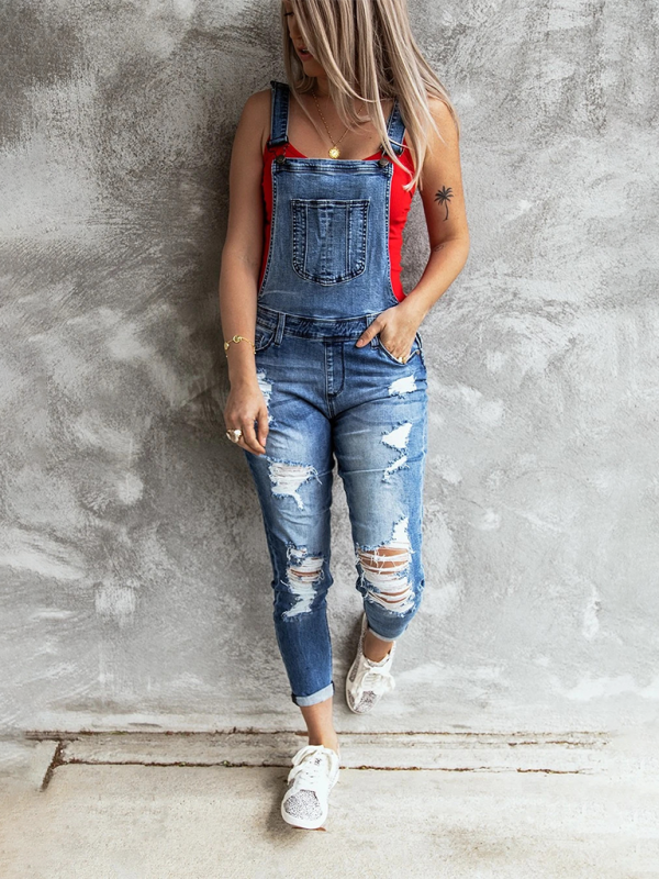 Vintage ripped stretch denim overalls-[Adult]-[Female]-Clear blue-S-2022 Online Blue Zone Planet