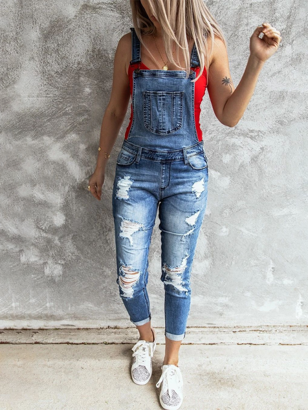 Vintage ripped stretch denim overalls-[Adult]-[Female]-2022 Online Blue Zone Planet