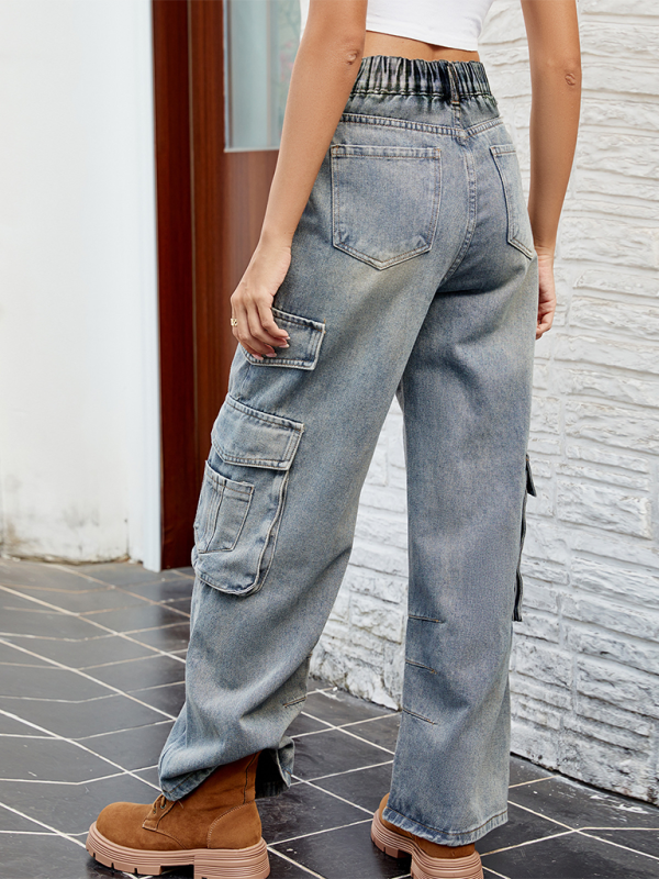 Blue Zone Planet | Washed Semi-Elasticated Loose Denim Overalls-TOPS / DRESSES-[Adult]-[Female]-2022 Online Blue Zone Planet