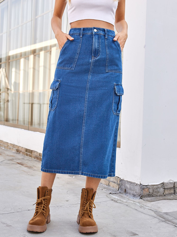 New casual washed workwear denim skirt-[Adult]-[Female]-Blue-S-2022 Online Blue Zone Planet