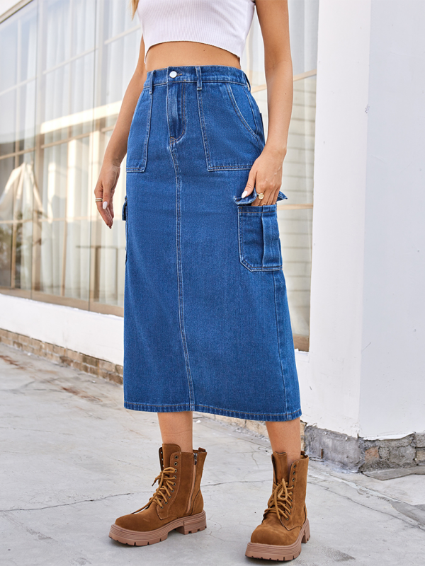 New casual washed workwear denim skirt-[Adult]-[Female]-2022 Online Blue Zone Planet