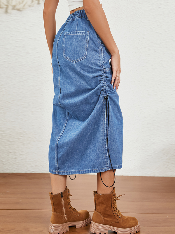 New casual washed elastic waist drawstring denim midi skirt-[Adult]-[Female]-2022 Online Blue Zone Planet