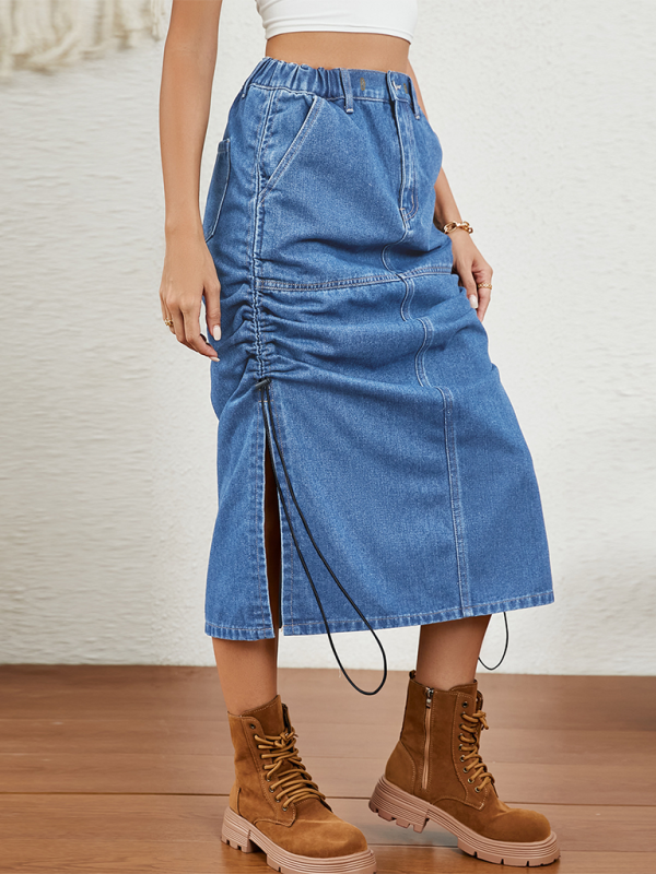 New casual washed elastic waist drawstring denim midi skirt-[Adult]-[Female]-2022 Online Blue Zone Planet