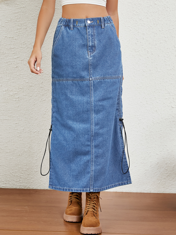 New casual washed elastic waist drawstring denim midi skirt-[Adult]-[Female]-2022 Online Blue Zone Planet