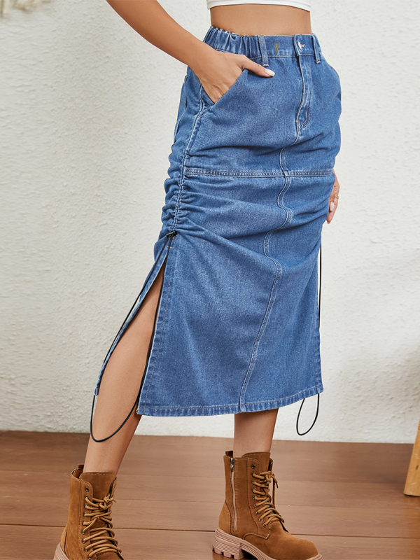 New casual washed elastic waist drawstring denim midi skirt-[Adult]-[Female]-2022 Online Blue Zone Planet