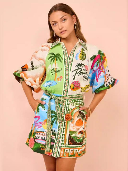 Blue Zone Planet | fashion printed versatile cardigan shirt with dress-TOPS / DRESSES-[Adult]-[Female]-Green-S-2022 Online Blue Zone Planet