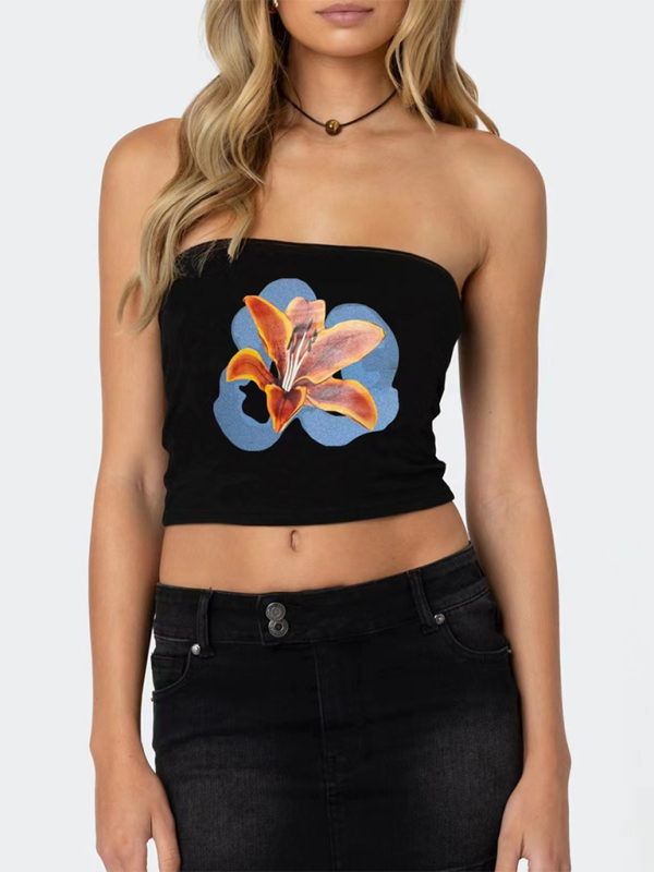 personality street flower print belly-baring top-[Adult]-[Female]-2022 Online Blue Zone Planet