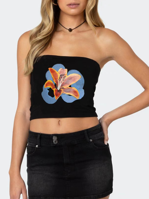 personality street flower print belly-baring top-[Adult]-[Female]-Orange-S-2022 Online Blue Zone Planet