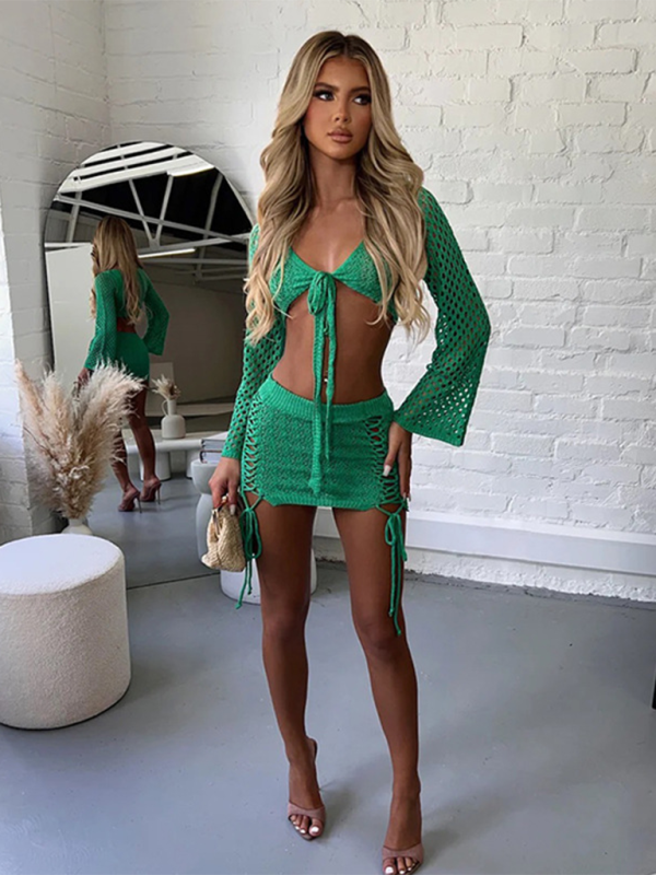 Beach Solid Color Sexy Knitted Beach Bikini Swimsuit Cover Up Sunscreen Set-[Adult]-[Female]-Green-S-2022 Online Blue Zone Planet