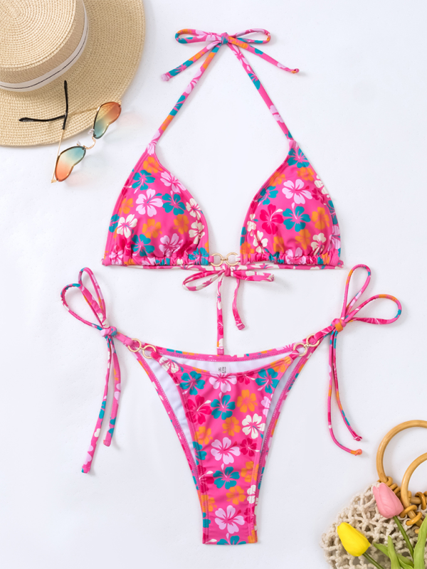 Triangle Cup Printed Lace-Up Sexy Bikini Swimsuit-[Adult]-[Female]-Pink-S-2022 Online Blue Zone Planet