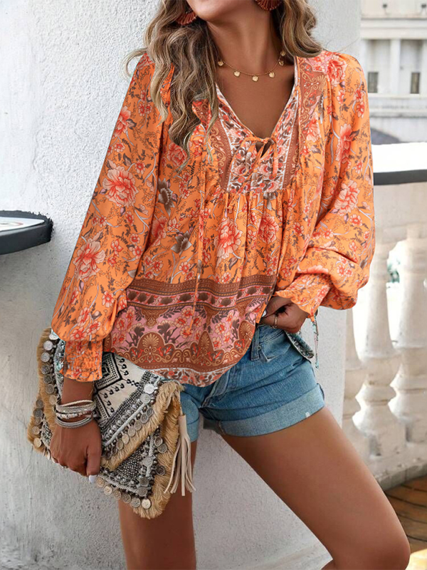 New casual printed v-neck long-sleeved top-[Adult]-[Female]-Orange-S-2022 Online Blue Zone Planet