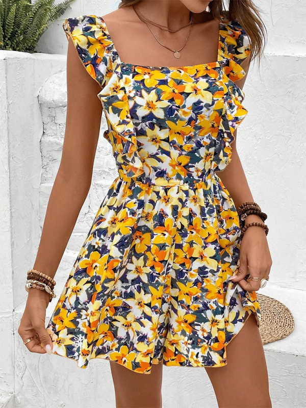 Lia's Beach Summer Floral Print Min Tie Dress-TOPS / DRESSES-[Adult]-[Female]-Yellow-S-2022 Online Blue Zone Planet