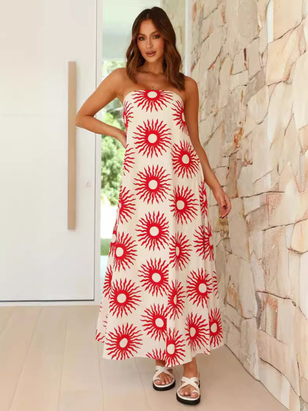 Blue Zone Planet | Women's printed tube top long skirt sexy holiday dress-TOPS / DRESSES-[Adult]-[Female]-Cream-S-2022 Online Blue Zone Planet