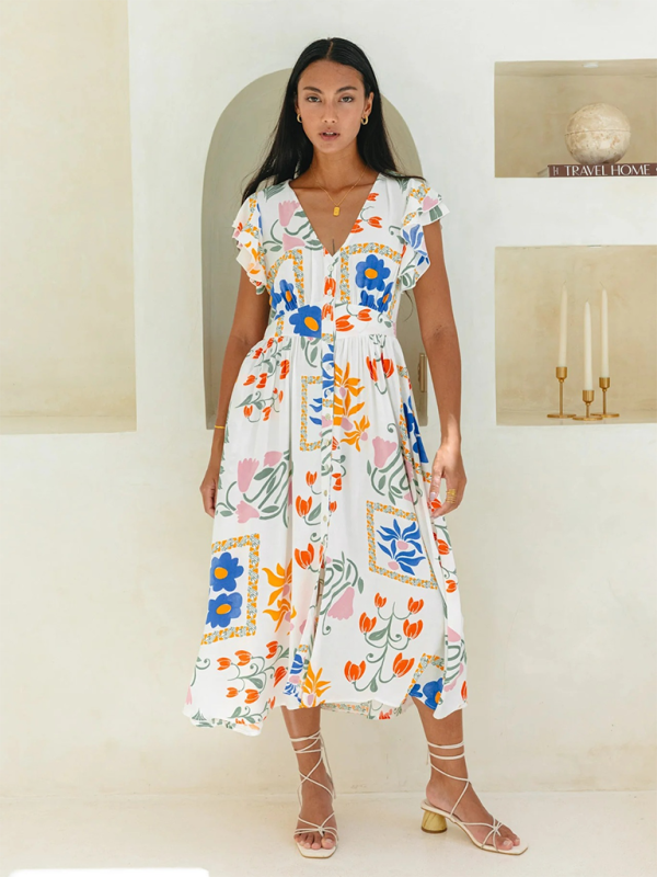 Nina's Floral Print Single Breasted Dress-TOPS / DRESSES-[Adult]-[Female]-White-S-2022 Online Blue Zone Planet