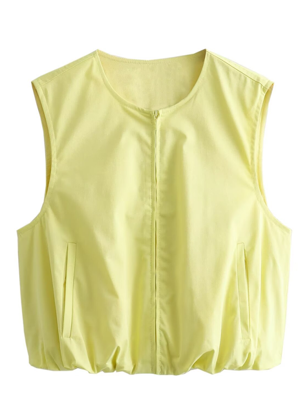 New round neck zipper pocket balloon short vest / pleated skirt-[Adult]-[Female]-Top-XS-2022 Online Blue Zone Planet