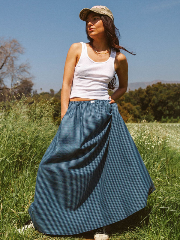 New plaid long skirt spring and summer print personality skirt-[Adult]-[Female]-Acid blue-S-2022 Online Blue Zone Planet