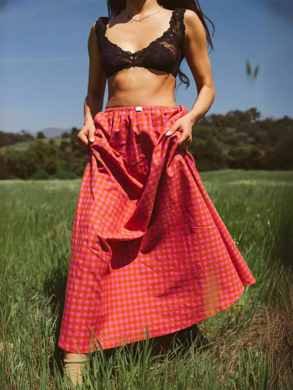 New plaid long skirt spring and summer print personality skirt-[Adult]-[Female]-Red-S-2022 Online Blue Zone Planet