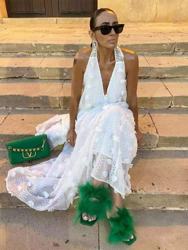 Blue Zone Planet | Lilly's Halter Neck 3D Flower Ribbon V-Neck Maxi Blue Zone Planet | Lilly's Halter Neck 3D Flower Ribbon V-Neck Maxi