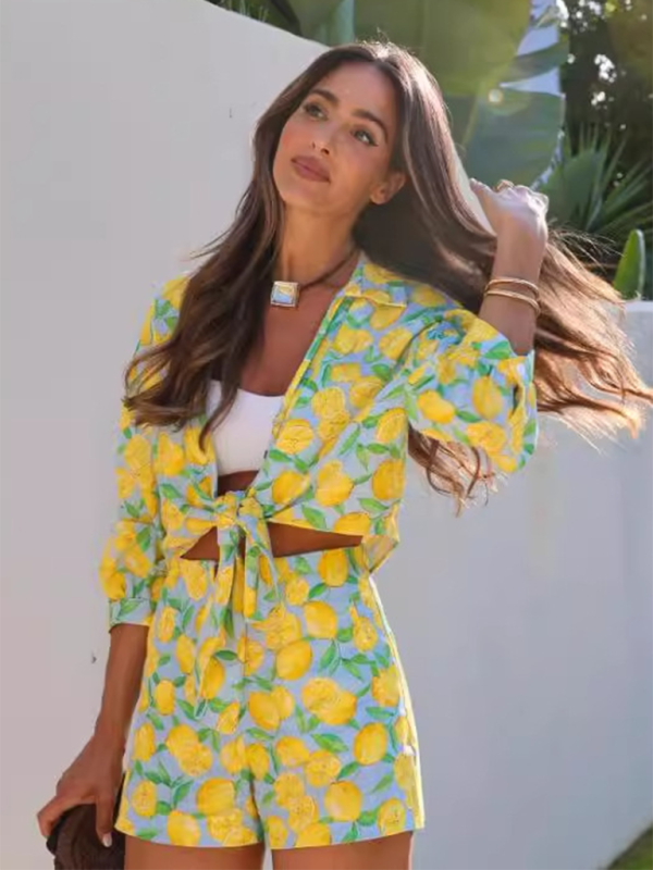 New leisure holiday lemon print shorts suit-TOPS / DRESSES-[Adult]-[Female]-Yellow-S-2022 Online Blue Zone Planet