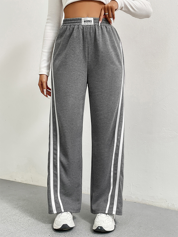 Sports pants high waist loose straight sweatpants striped stitching wide leg pants-[Adult]-[Female]-Grey-S-2022 Online Blue Zone Planet